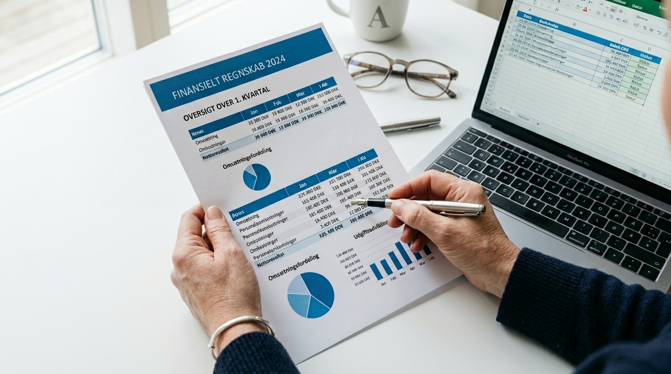 Revisor holder finansiel rapport med blå diagrammer