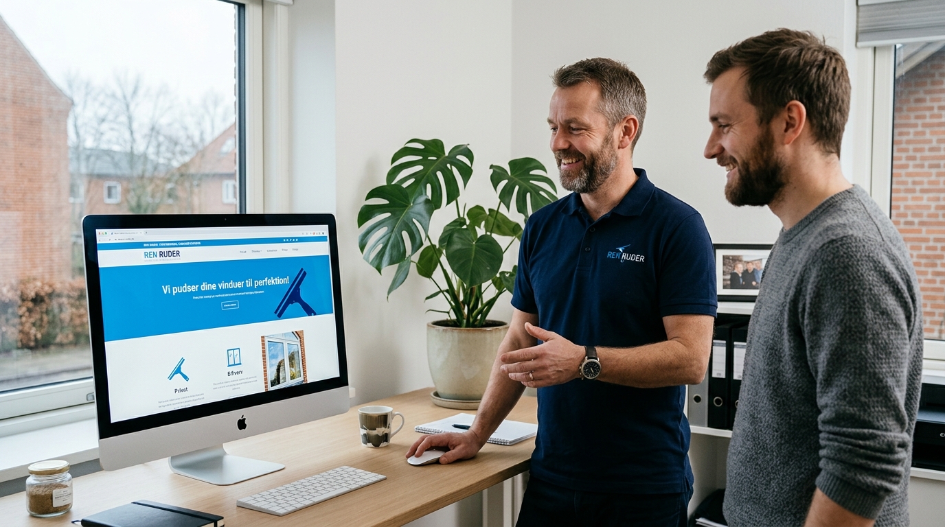 Virksomhedsejer viser hjemmeside på iMac i dansk kontor