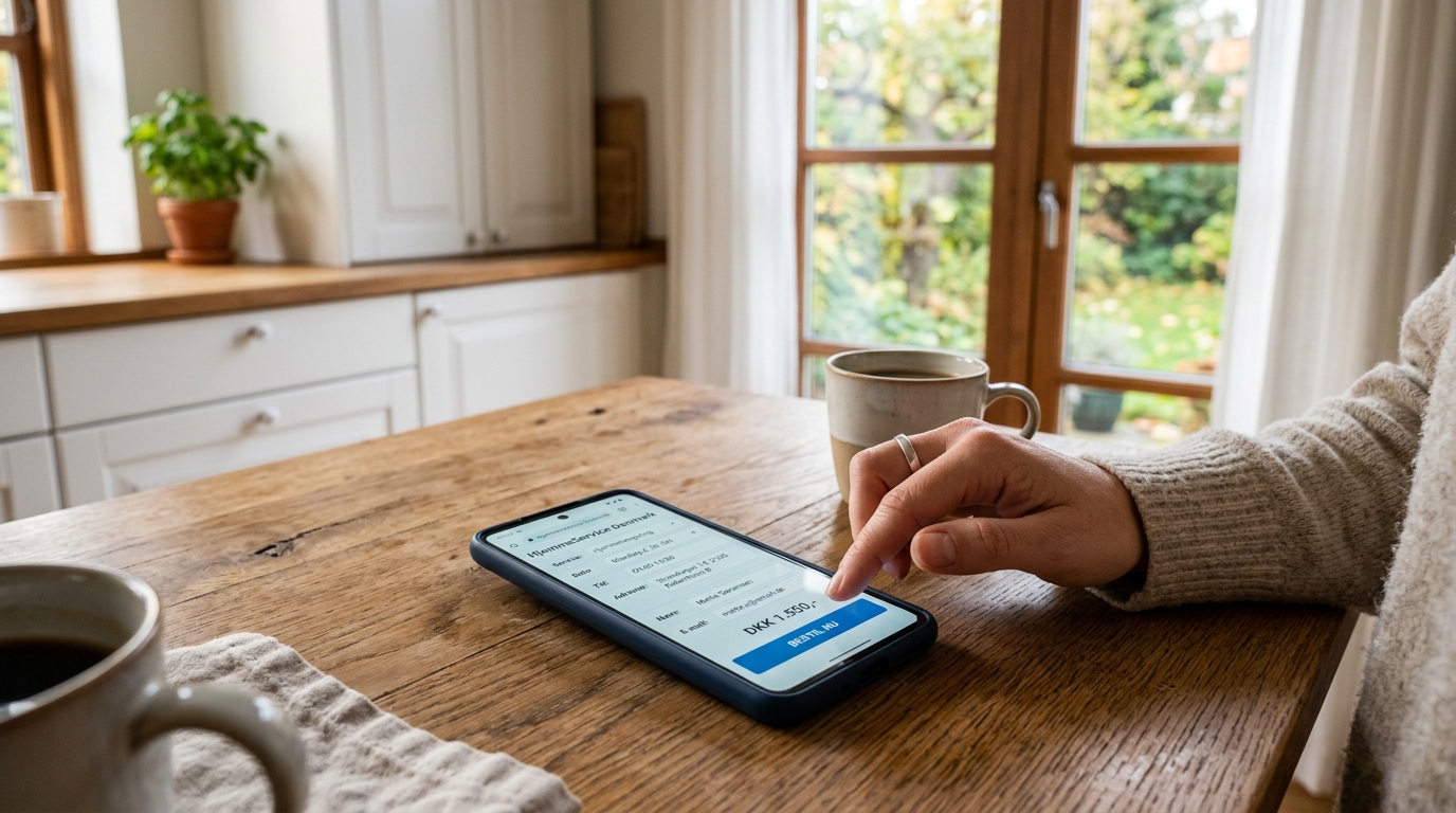 Kunde udfylder bookingformular på telefon i køkken