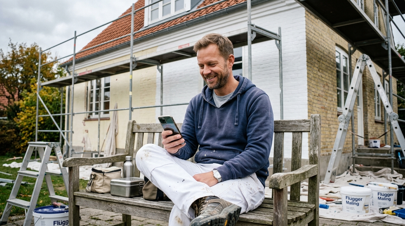 Maler tjekker telefon på bænk foran stillads