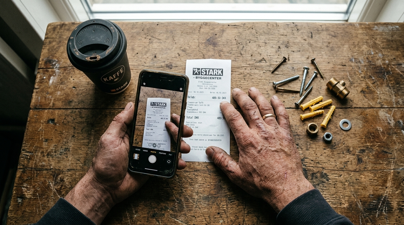 Håndværker scanner kvittering fra byggemarked