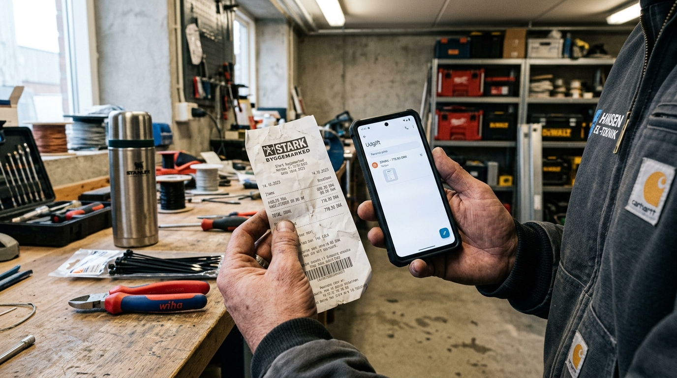 Elektriker scanner kvittering i værksted